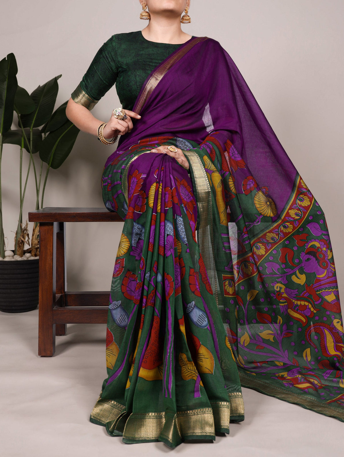 Purple Traditional Floral Printed Chanderi Saree with Zari Weaving Work Clothsvilla