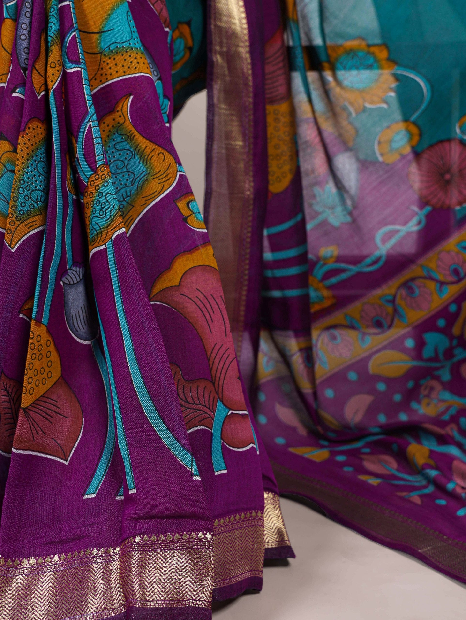Purple Traditional Floral Printed Chanderi Saree with Zari Weaving Work Clothsvilla
