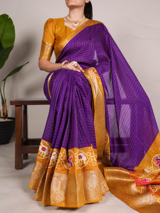Purple Tussar Chex Saree with Patola Print and Weaving Work Border