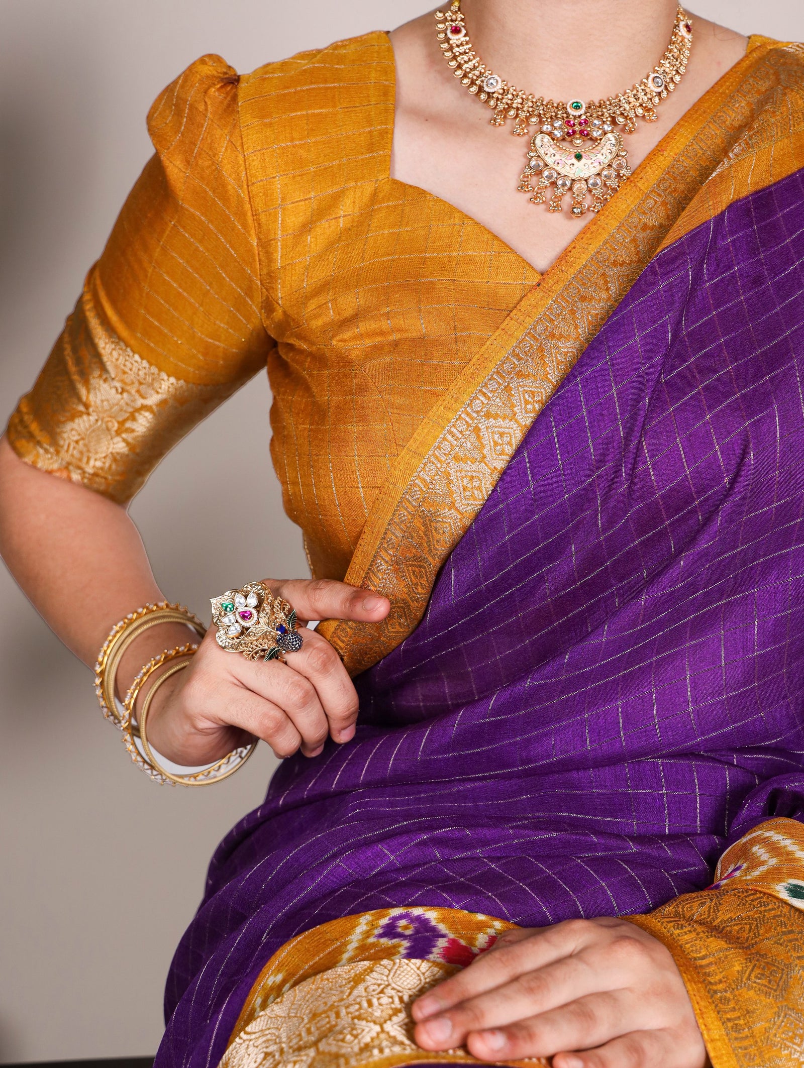 Purple Tussar Chex Saree with Patola Print and Weaving Work Border