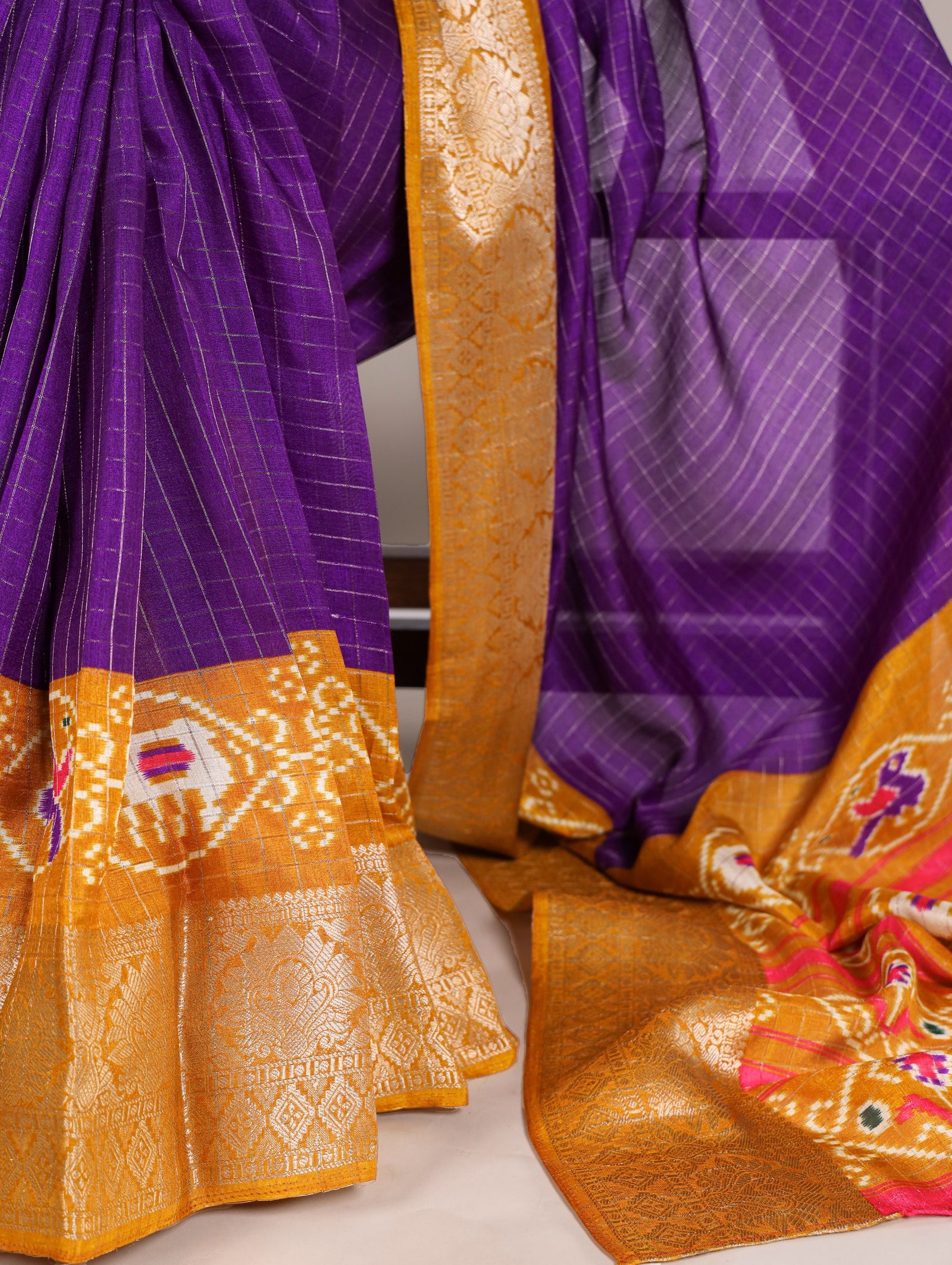 Purple Tussar Chex Saree with Patola Print and Weaving Work Border