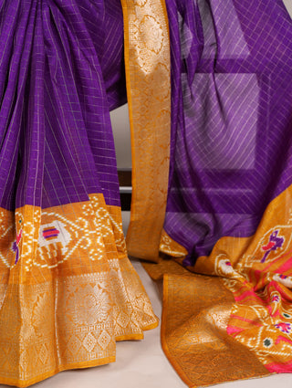 Purple Tussar Chex Saree with Patola Print and Weaving Work Border