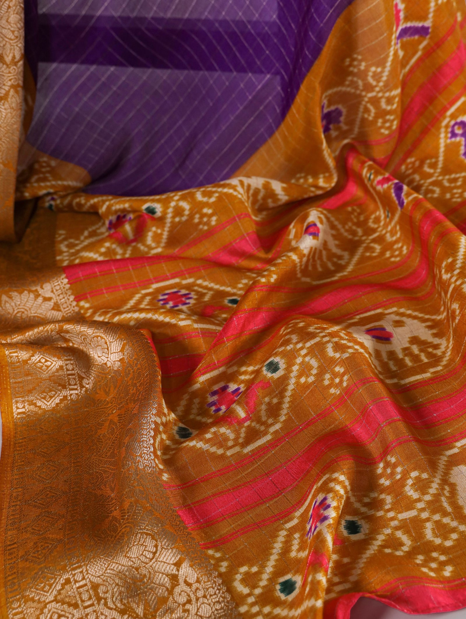 Purple Tussar Chex Saree with Patola Print and Weaving Work Border