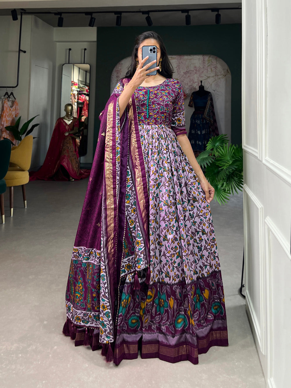 Purple Tussar Silk Floral Gown with Foil Print & Dupatta ClothsVilla Main image
