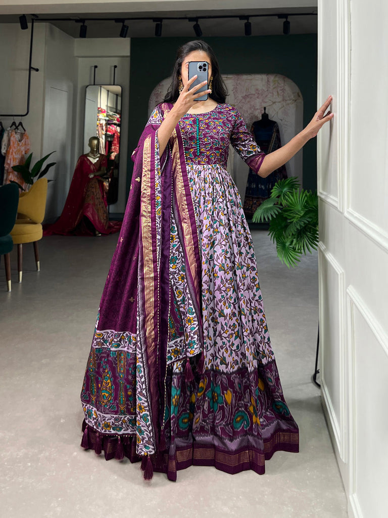 Purple Tussar Silk Floral Gown with Foil Print & Dupatta ClothsVilla