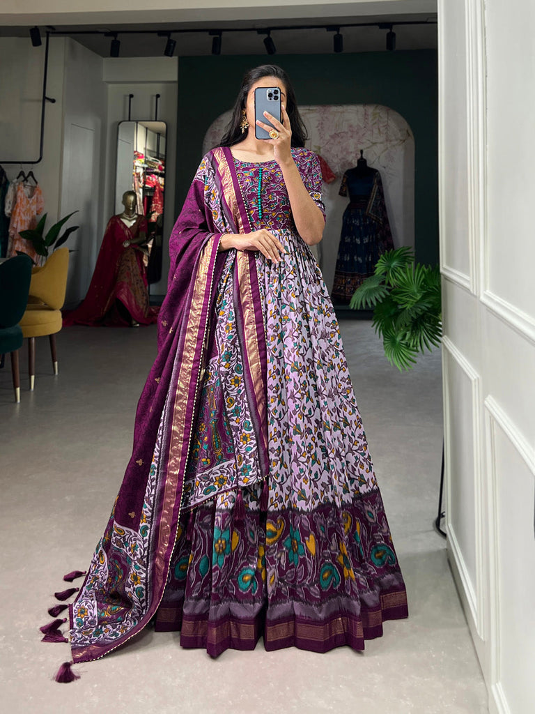 Purple Tussar Silk Floral Gown with Foil Print & Dupatta ClothsVilla