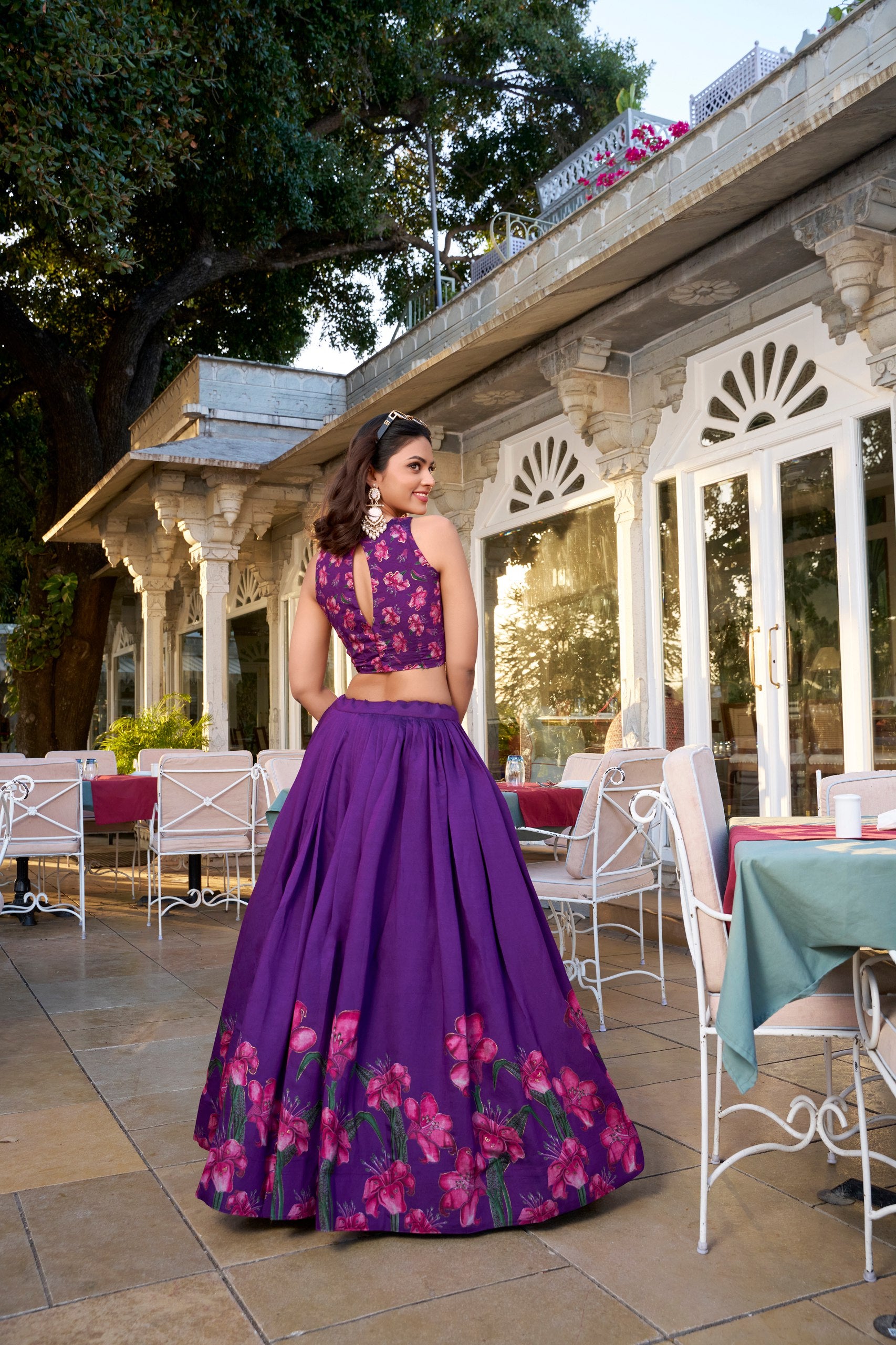 Purple Tussar Silk Floral Printed Lehenga with Foil Work & Tassel-Detailed Dupatta