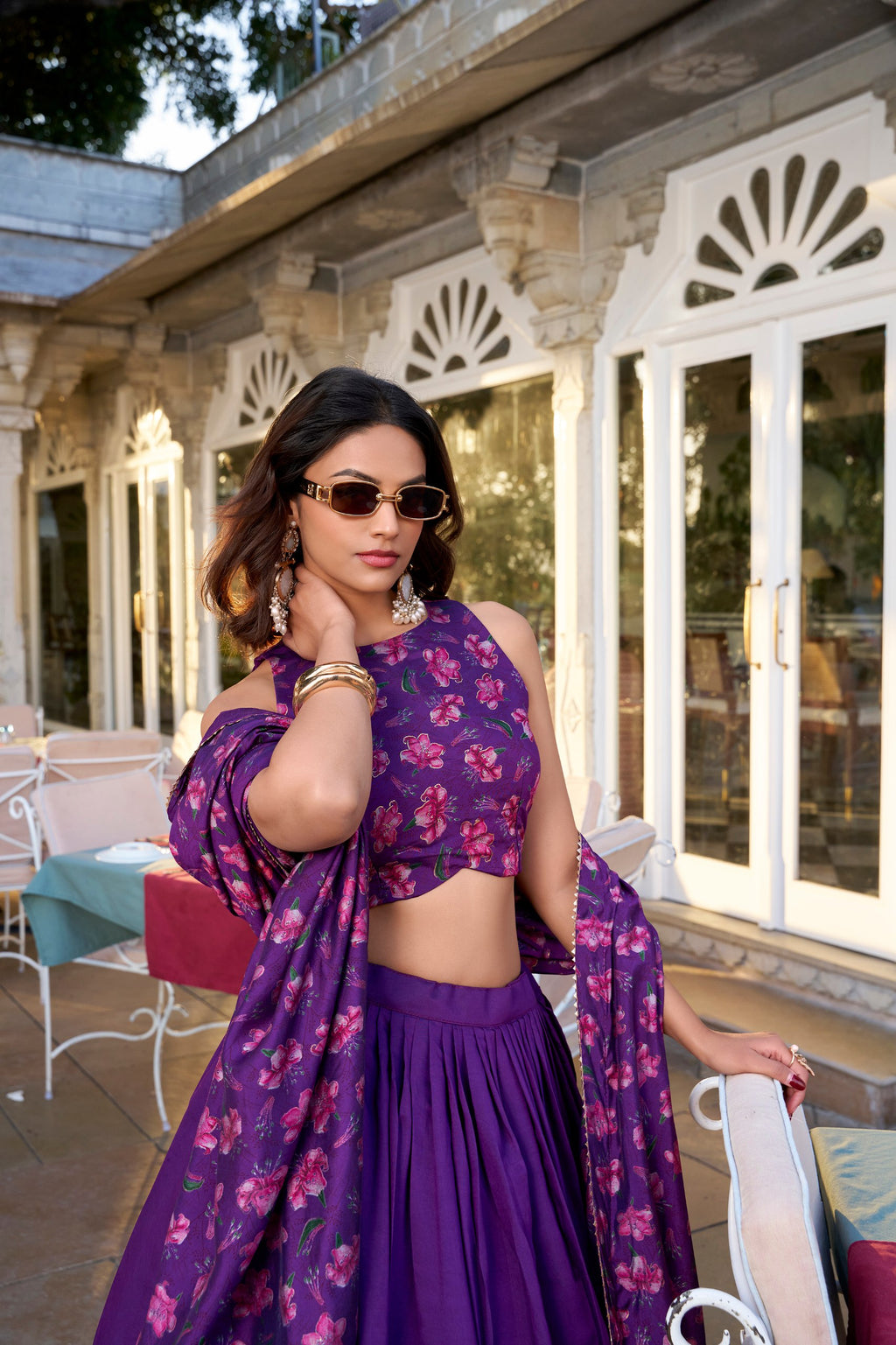 Purple Tussar Silk Floral Printed Lehenga with Foil Work & Tassel-Detailed Dupatta
