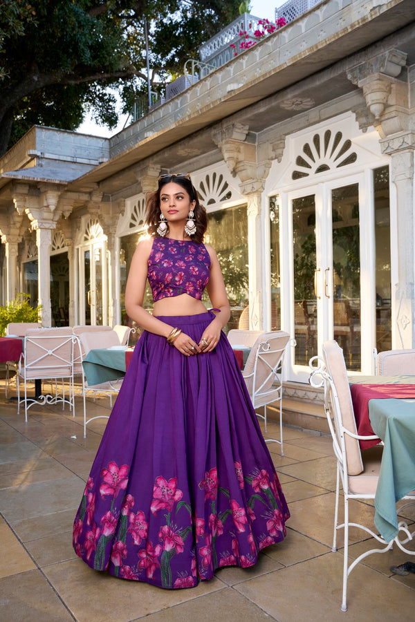 Purple Tussar Silk Floral Printed Lehenga with Foil Work & Tassel-Detailed Dupatta