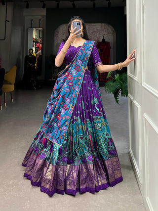 Purple Tussar Silk Kalamkari Print Lehenga Choli