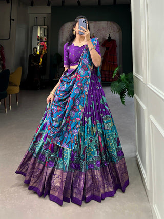 Purple Tussar Silk Kalamkari Print Lehenga Choli