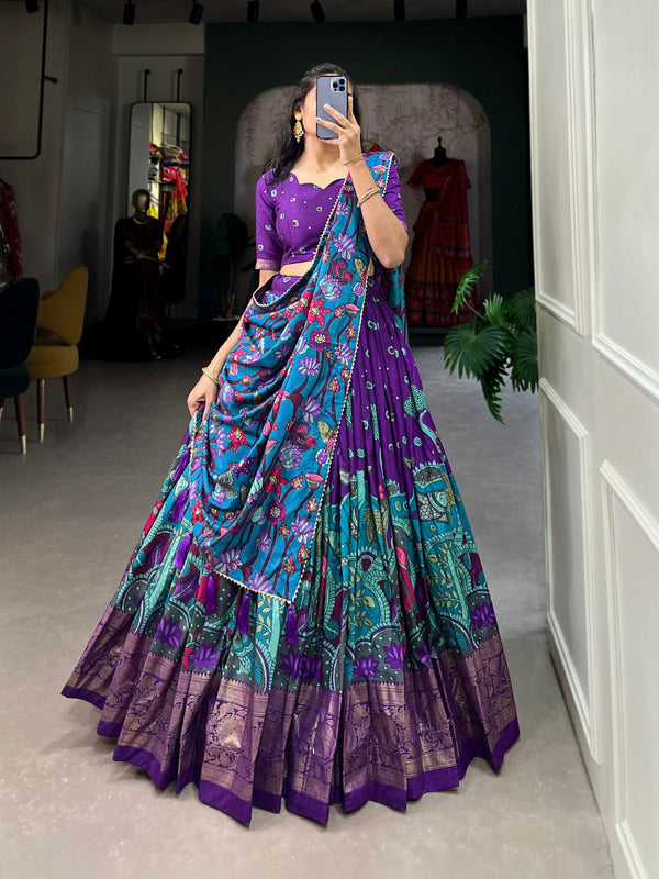 Purple Tussar Silk Kalamkari Print Lehenga Choli