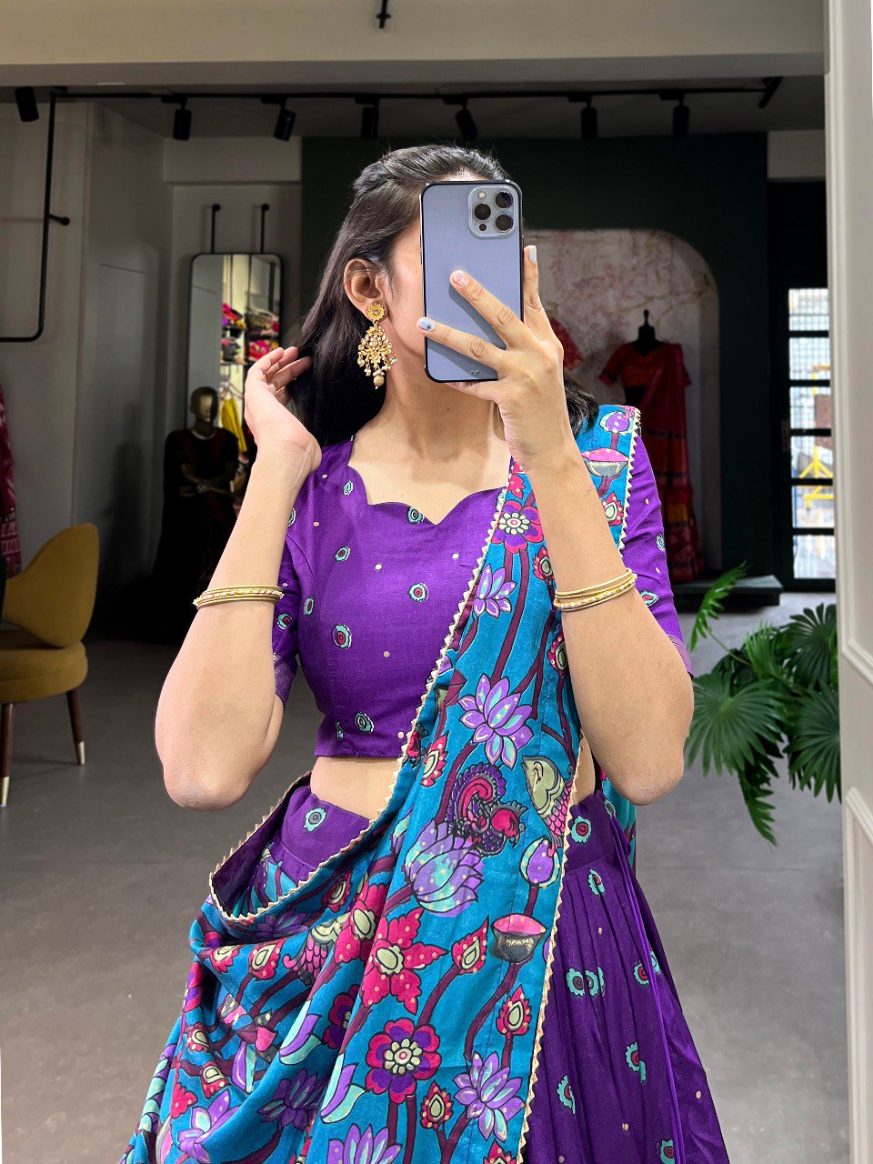Purple Tussar Silk Kalamkari Print Lehenga Choli
