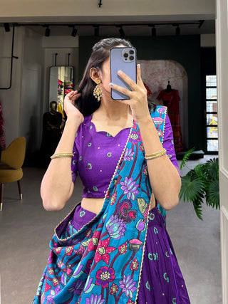 Purple Tussar Silk Kalamkari Print Lehenga Choli