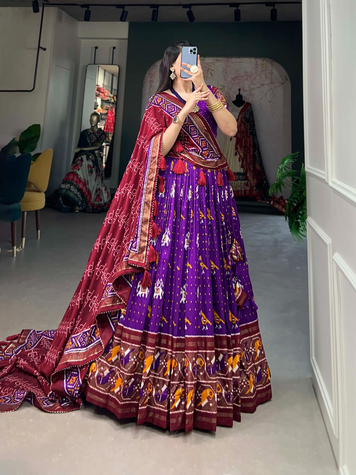 Purple Tussar Silk Lehenga Choli with Enchanting Ikat Patola Print and Foil Work ClothsVilla