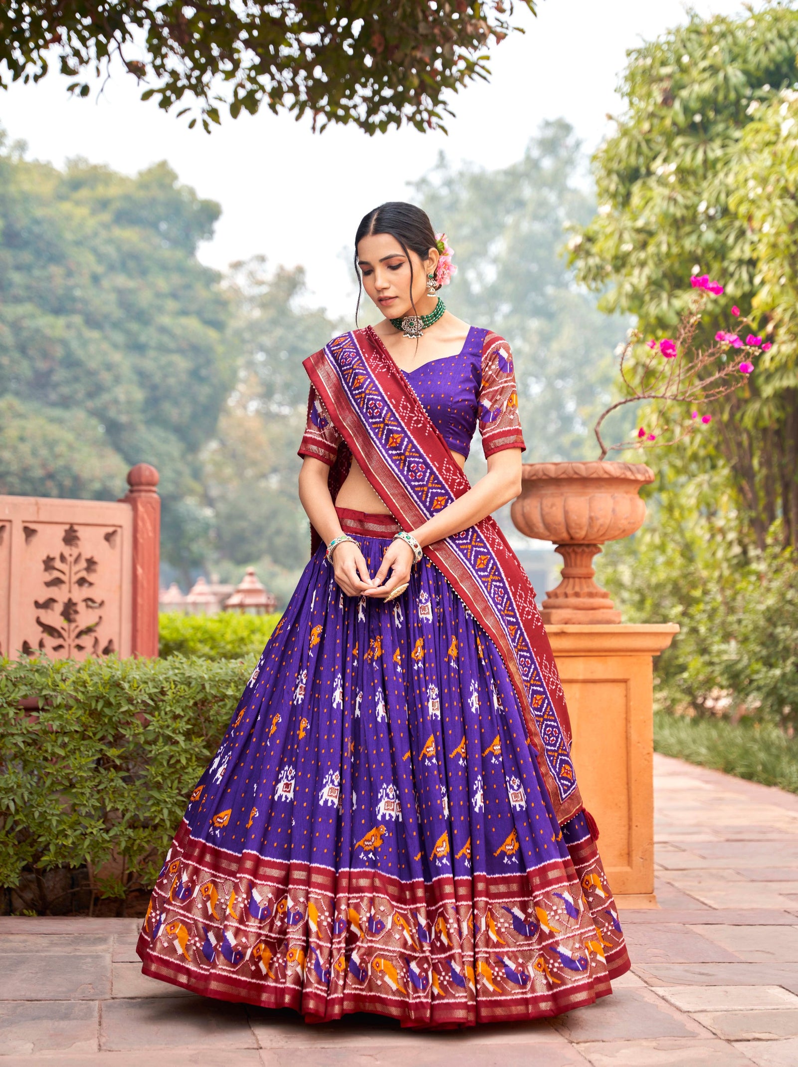 Purple Tussar Silk Lehenga Choli with Enchanting Ikat Patola Print and Foil Work ClothsVilla
