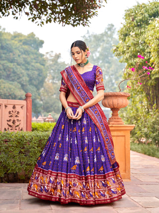 Purple Tussar Silk Lehenga Choli with Enchanting Ikat Patola Print and Foil Work ClothsVilla