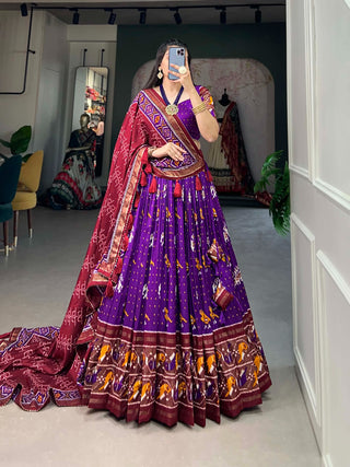 Purple Tussar Silk Lehenga Choli with Enchanting Ikat Patola Print and Foil Work ClothsVilla
