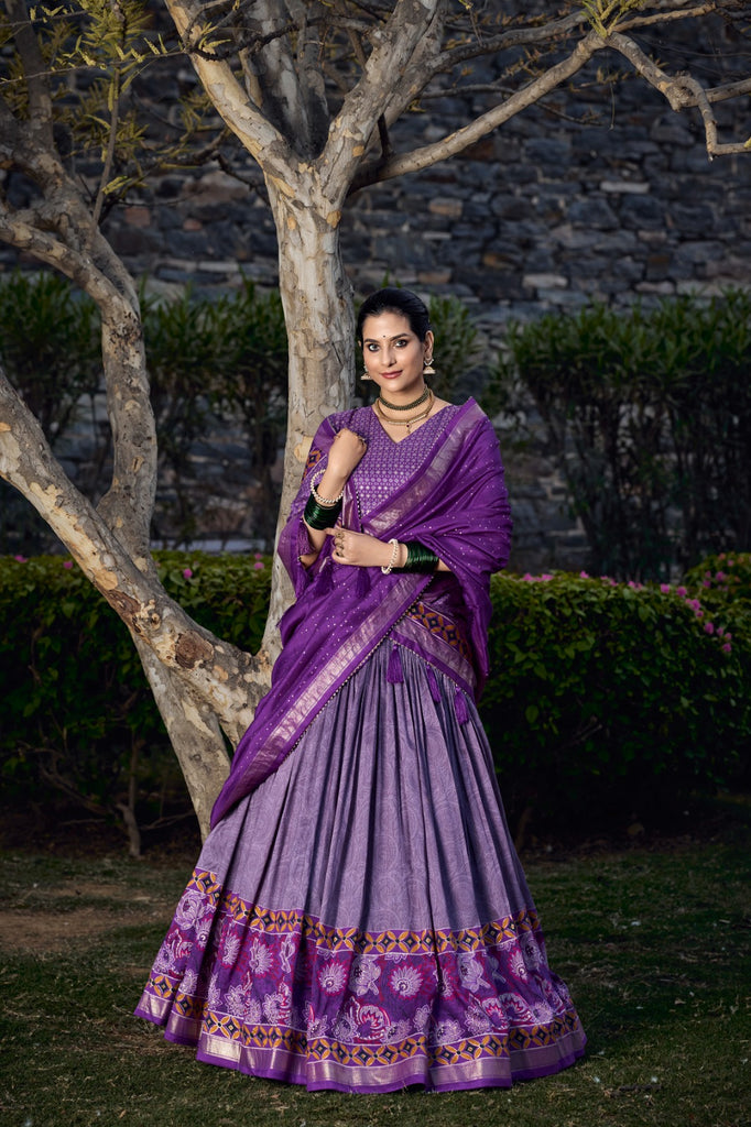 Purple Tussar Silk Lehenga Choli with Exquisite Foil Print Florals ClothsVilla