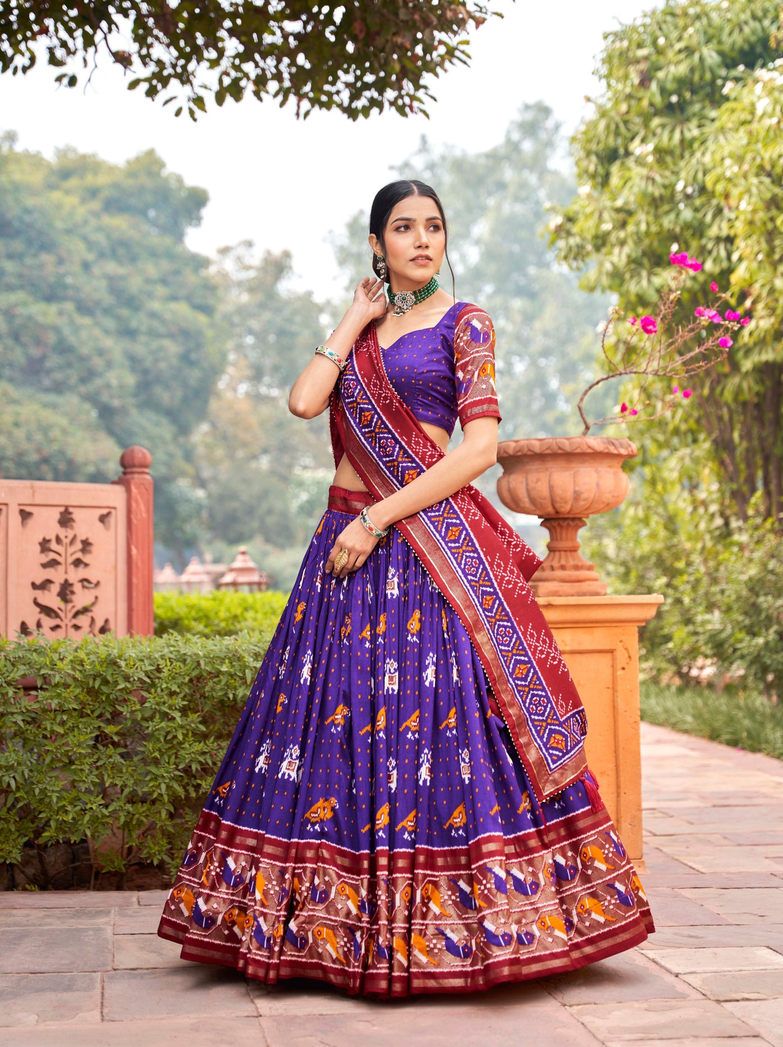 Purple Tussar Silk Lehenga Choli with Enchanting Ikat Patola Print and Foil Work ClothsVilla