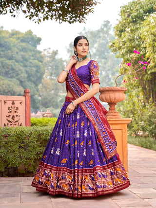 Purple Tussar Silk Lehenga Choli with Enchanting Ikat Patola Print and Foil Work ClothsVilla