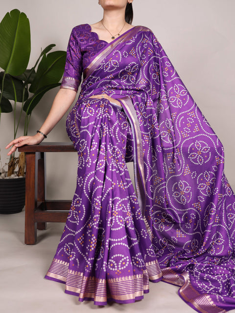 Purple Tussar Silk Printed Saree with Viscose Border – A Dreamy Blend of Tradition and Style Main image