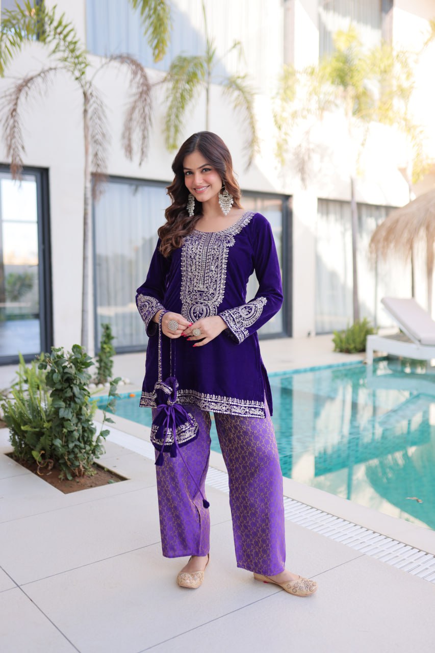 Purple Velvet Top Pant Set & Matching Batwa Main image