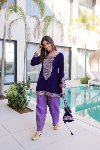 Purple Velvet Top Pant Set & Matching Batwa