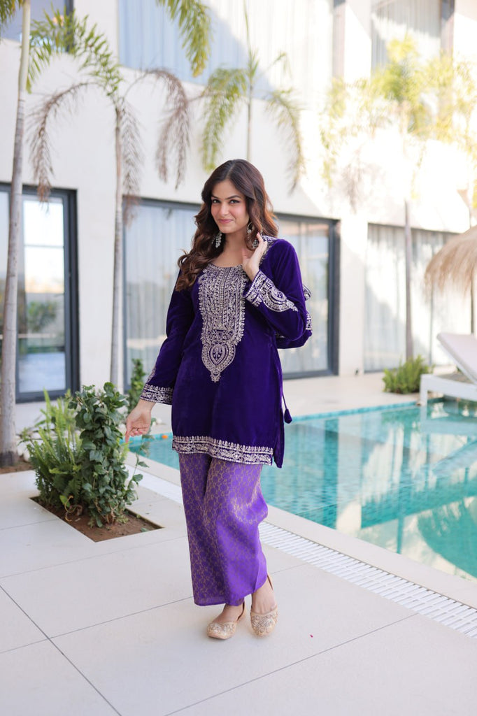 Purple Velvet Top Pant Set & Matching Batwa
