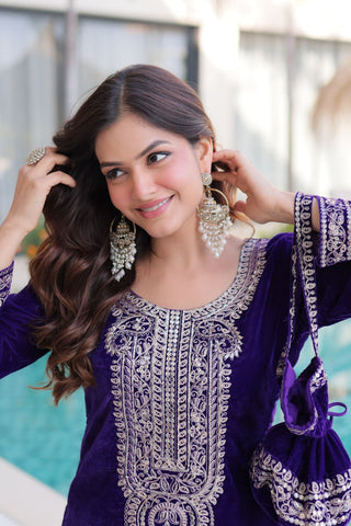 Purple Velvet Top Pant Set & Matching Batwa