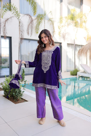 Purple Velvet Top Pant Set & Matching Batwa