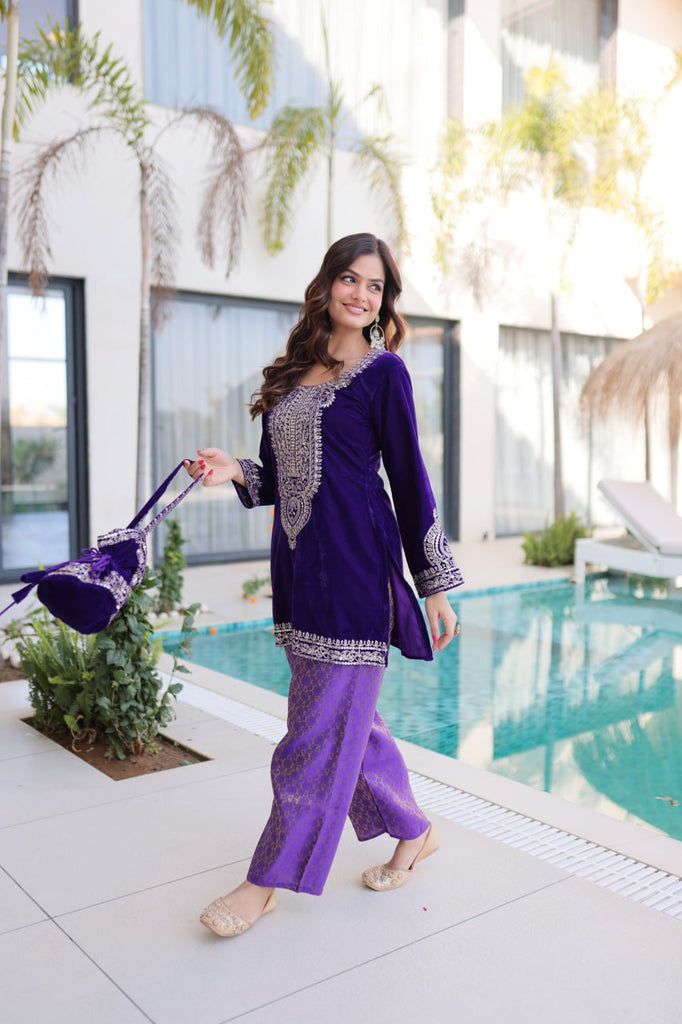 Purple Velvet Top Pant Set & Matching Batwa