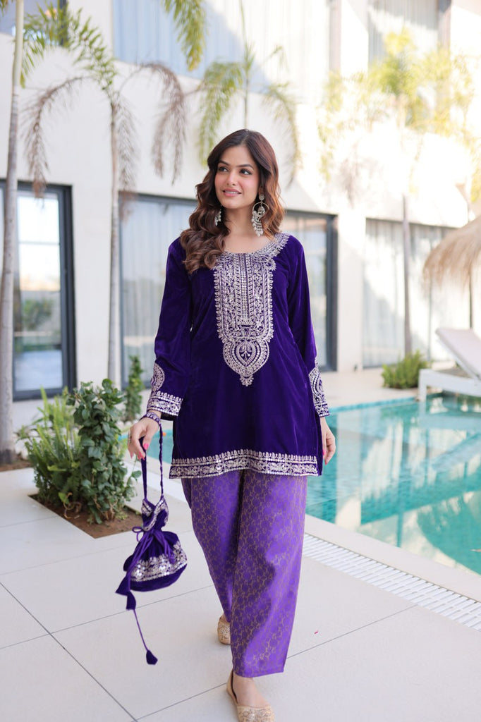 Purple Velvet Top Pant Set & Matching Batwa