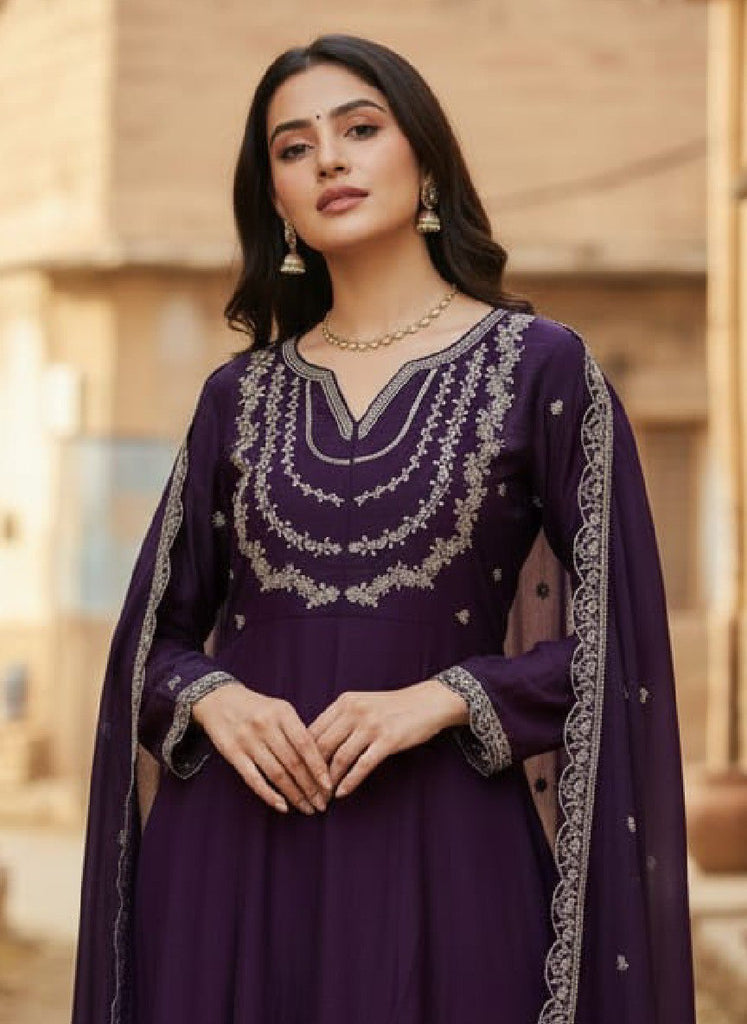 Purple Vichitra Embroidered Kurti Set with Dupatta Clothsvilla