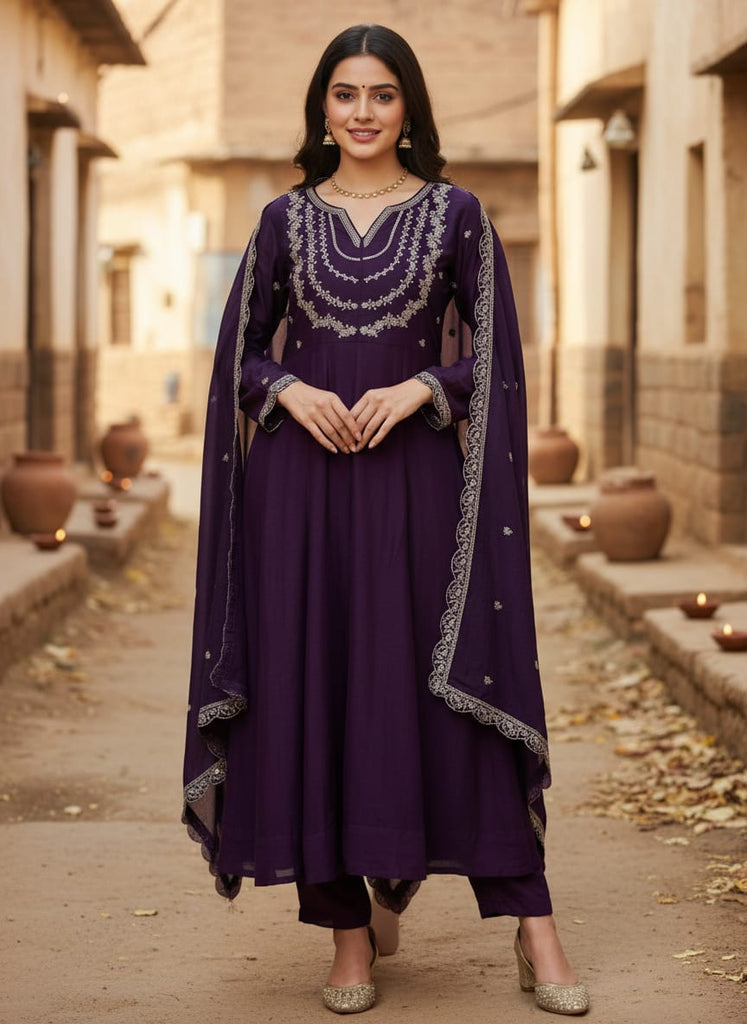Purple Vichitra Embroidered Kurti Set with Dupatta Clothsvilla