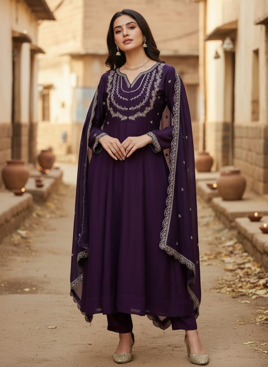 Purple Vichitra Embroidered Kurti Set with Dupatta Secondary image