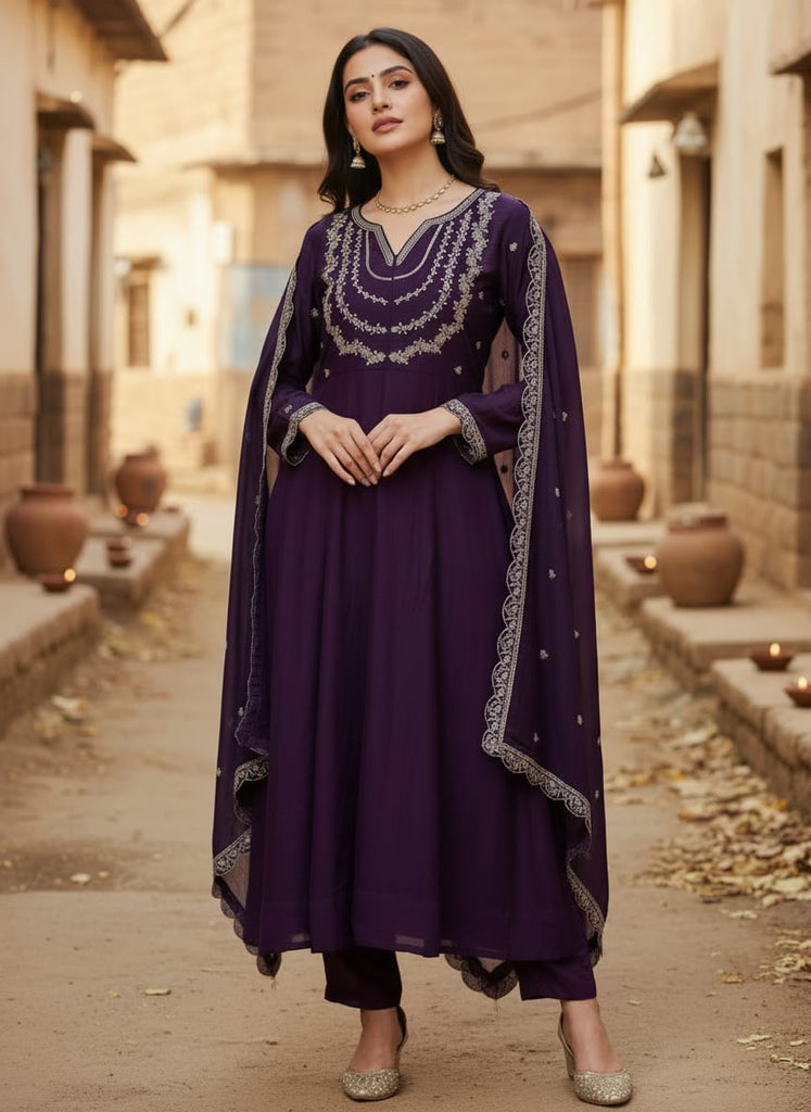 Purple Vichitra Embroidered Kurti Set with Dupatta Clothsvilla