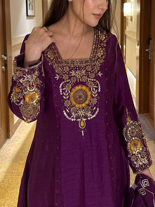 Purple Vichitra Silk Anarkali Suit Set ClothsVilla