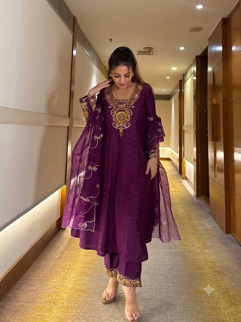 Purple Vichitra Silk Anarkali Suit Set ClothsVilla Main image