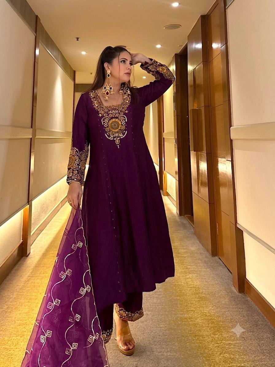 Purple Vichitra Silk Anarkali Suit Set ClothsVilla