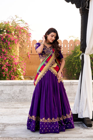 Purple Vichitra Silk Embroidered Lehenga Set ClothsVilla