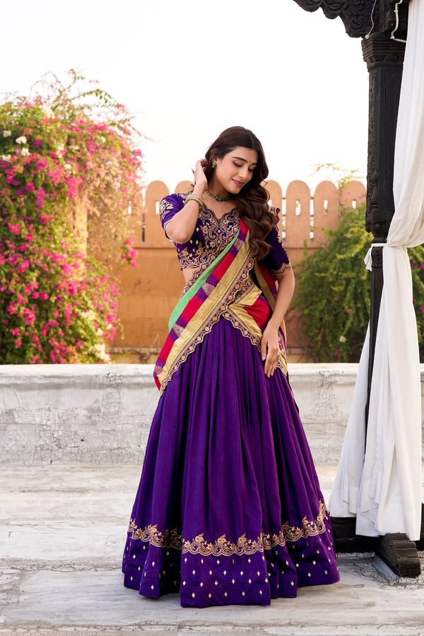 Purple Vichitra Silk Embroidered Lehenga Set ClothsVilla
