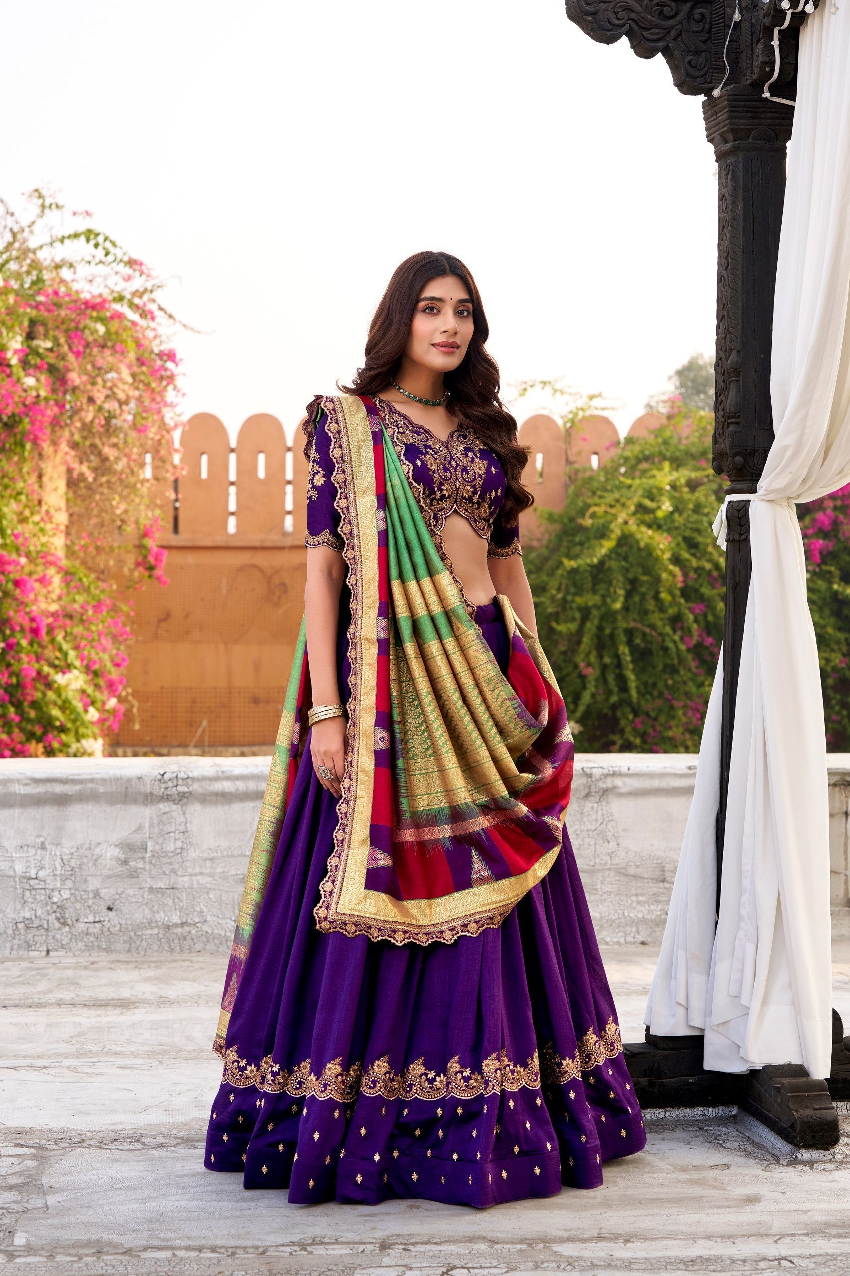 Purple Vichitra Silk Embroidered Lehenga Set ClothsVilla Main image