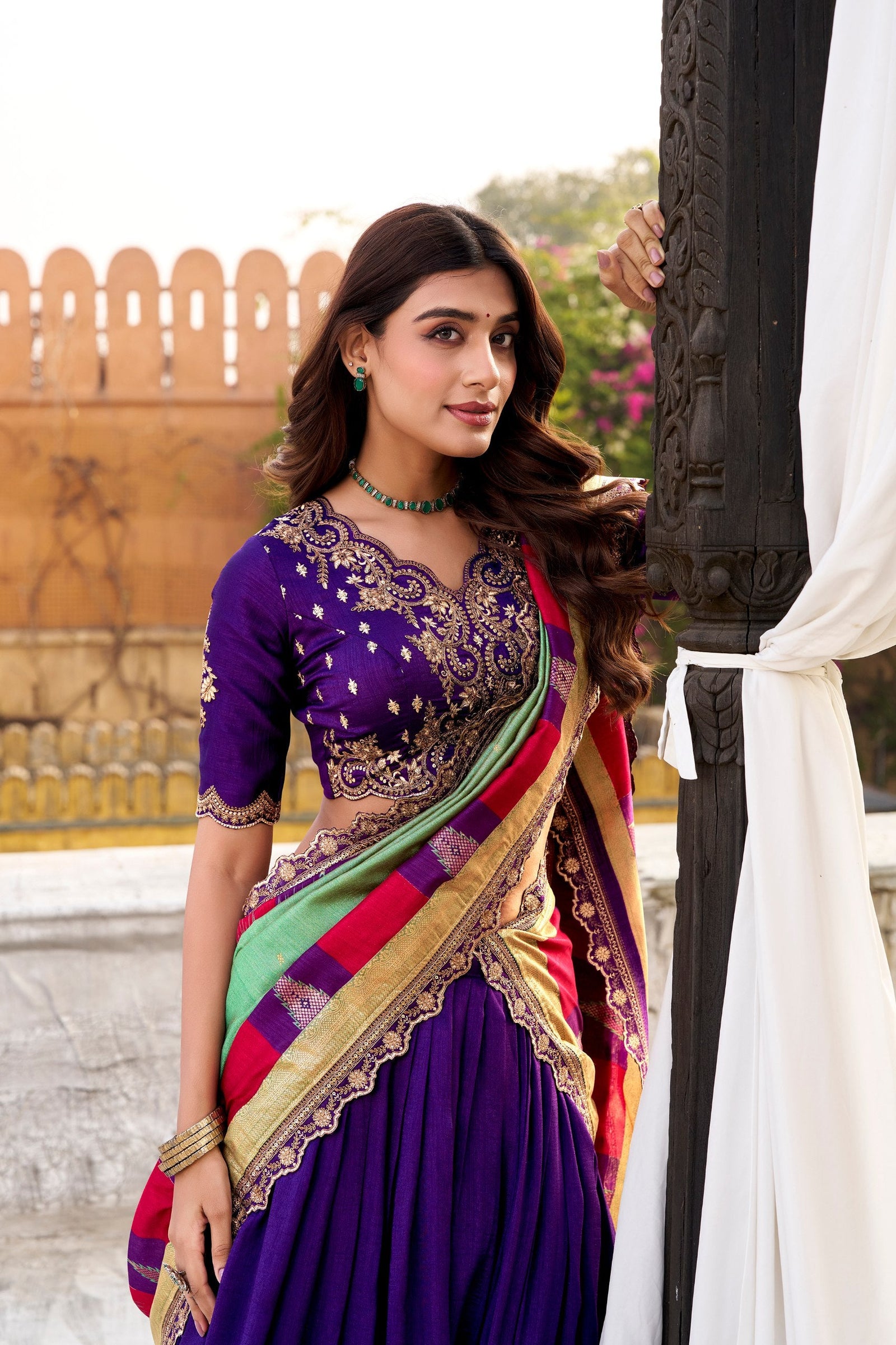 Purple Vichitra Silk Embroidered Lehenga Set ClothsVilla