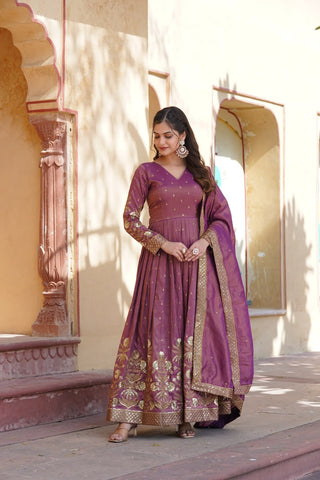 Luxurious Purple Viscose Cosmos Gown with Embroidered Dupatta Set ClothsVilla