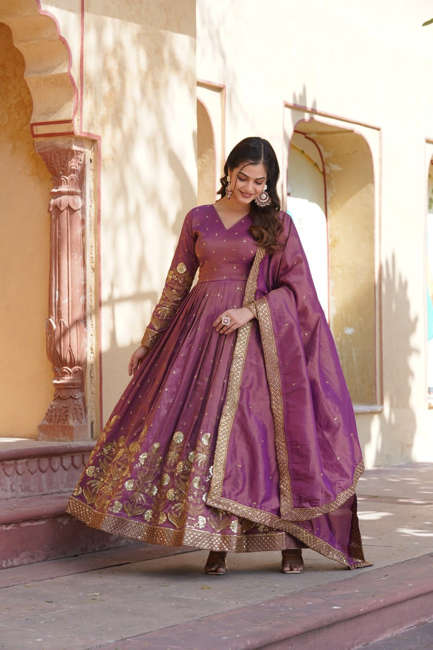 Luxurious Purple Viscose Cosmos Gown with Embroidered Dupatta Set ClothsVilla