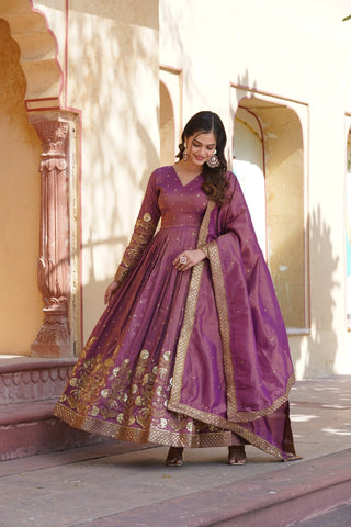 Luxurious Purple Viscose Cosmos Gown with Embroidered Dupatta Set ClothsVilla
