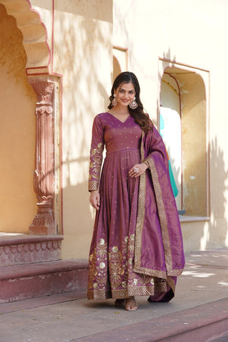 Luxurious Purple Viscose Cosmos Gown with Embroidered Dupatta Set ClothsVilla