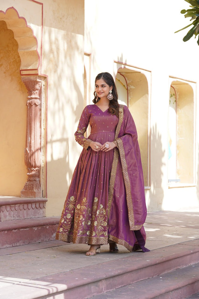 Luxurious Purple Viscose Cosmos Gown with Embroidered Dupatta Set ClothsVilla