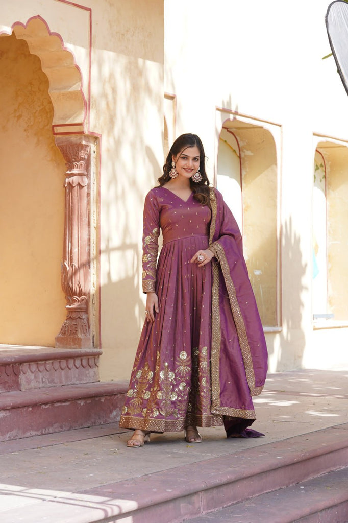 Luxurious Purple Viscose Cosmos Gown with Embroidered Dupatta Set ClothsVilla